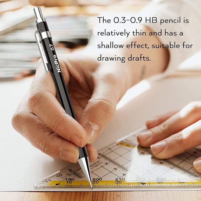 Nicpro 20PCS Black Metal Mechanical Pencil Set in Leather Case, 0.3, 0.5, 0.7, 0.9 mm & 2mm Lead Pencil Holders, (4B 2B HB 2H) Lead Refills (Black & Colors), Erasers For Art Drafting Sketching Drawing-DeskLoop Office