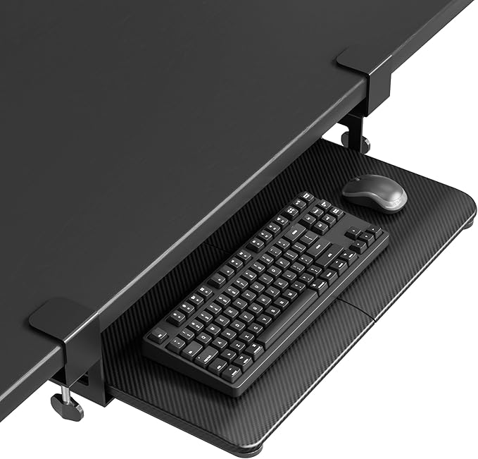 BONTEC KMT01-PJ Under Desk Keyboard Tray, Pull-Out Keyboard & Mouse Platform with C-Clamp, 20 x 11.8 in Space-Saving Ergonomic Slide-Out Drawer, Black Carbon Fiber-DeskLoop Office