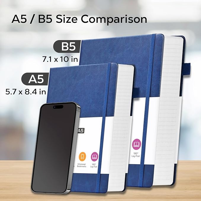 Leather Lined Notebook Journal, 320 Pages Hardcover Notebook Journals for Writing Women & Men, B5 (7.1'' X 10'') College Ruled Notebook with 100GSM Thick Paper for School Work Organization, Dark Blue