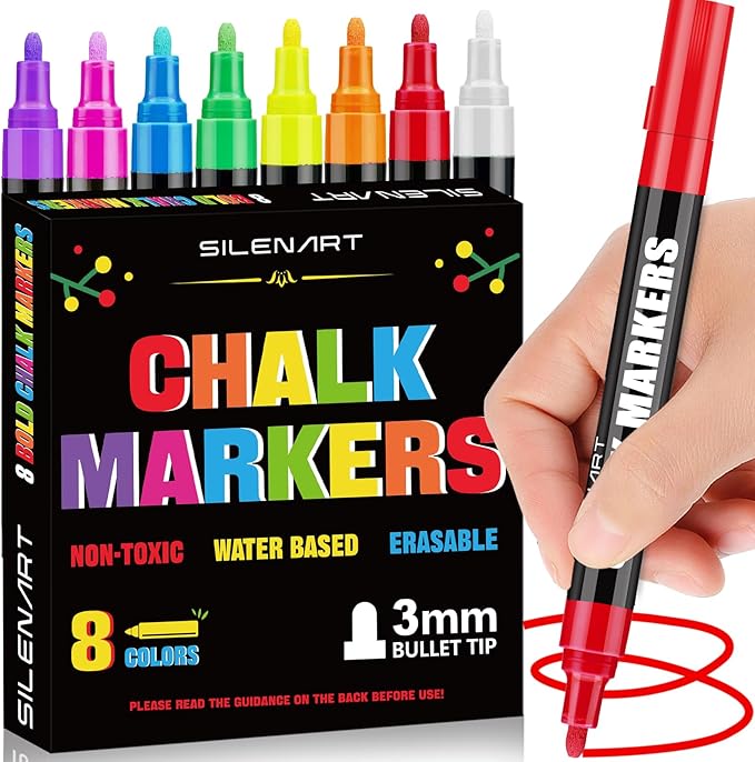 SILENART Liquid Chalk Markers - 8 Vibrant Colors - Chalkboard Markers for Blackboard Glass Window Car Dry Erase Board Acrylic Calendar Board Whiteboard- Wet Erase-DeskLoop Office