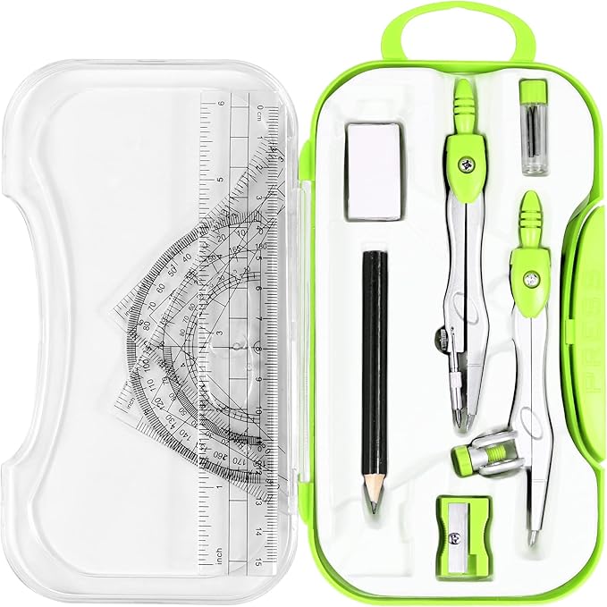 10 Pieces Math Geometry Kit Set Student Supplies with Shatterproof Storage Box,Includes Rulers,Protractor,Compass,Eraser,Pencil Sharpener,Lead Refills,Pencil,for School and Drawings(Green)-DeskLoop Office