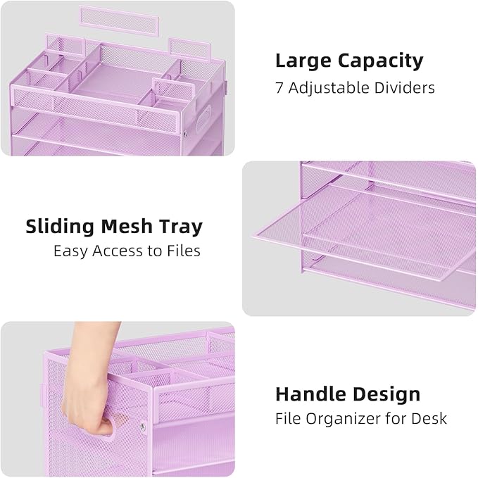 Marbrasse 5-Tier Letter Tray Paper Organizer with Handle, Multi-Functional Mesh File Organizer for Desk, Adjustable Compartments Mesh Desktop Storage for Office Supplies, Purple-DeskLoop Office