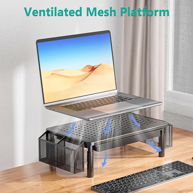 WALI Dual Monitor Stand with Storage, Desk Organizer with Drawer and Pen Holder, Desk Monitor Riser 3 Height Adjustable, Laptop Riser for Computer, Laptop, Printer (STT003DH-2B), 2 Pack, Black-DeskLoop Office