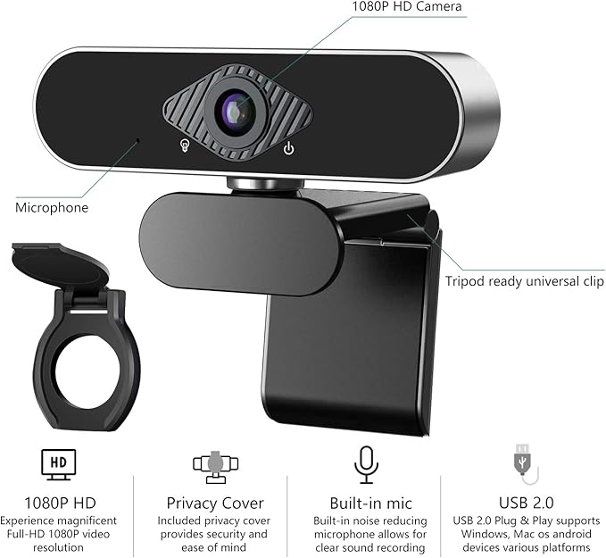 Webcam 1080P HD with Microphone & Privacy Cover, USB Web Cam with Live Streaming HD Video for Mac, PC, Computer and Laptop, Wide Angle Lens 1080P Web Camera with 360 Degree Flexible Mount-DeskLoop Office