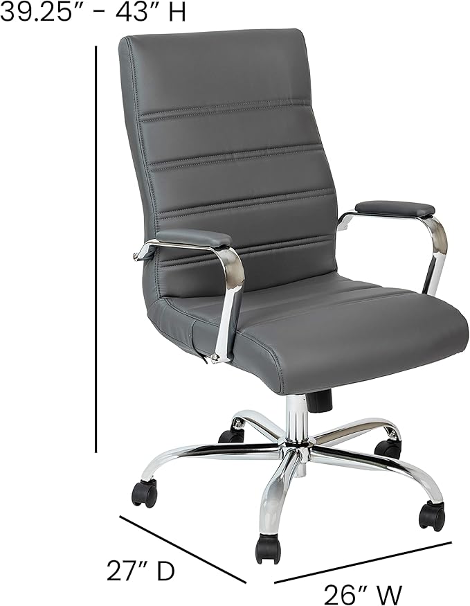 Flash Furniture Whitney High-Back Swivel LeatherSoft Desk Chair with Padded Seat and Armrests, Adjustable Height Padded Office Chair, Gray/Chrome-DeskLoop Office