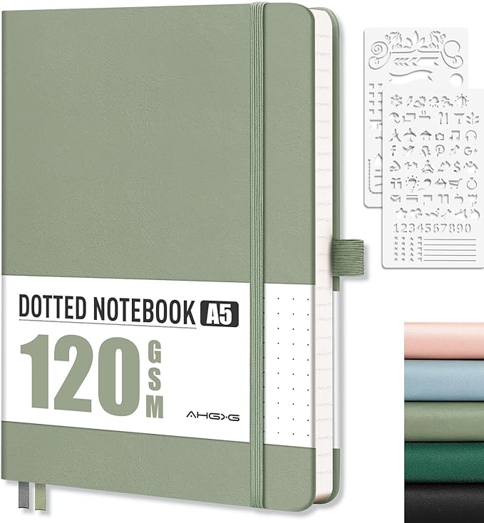 AHGXG Bullet Dotted Journal - Dot Grid Notebook Journal, 120 GSM Thick Acid-Free Paper, A5 Dotted Notebook 160 Pages, Leather Hardcover, Inner Pocket, Journal Stencil, 5.7'' × 8.3'' - Sage Green-DeskLoop Office