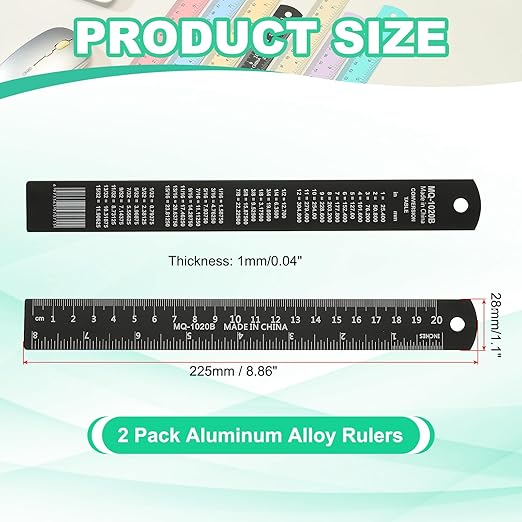 PATIKIL 20cm/8" Metal Ruler, 2 Pack Aluminum Alloy Rulers with Centimeters, Millimeters, Inches and Conversion Table Straight Edge Ruler for Writing Machinist Drafting, Black-DeskLoop Office