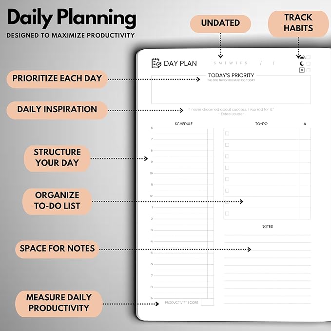 Undated Daily Planner – 6-Month A5 Productivity Organizer with Full Page Per Day, Hourly Schedule, Goal Setting, Habit Tracker, Weekly & Monthly Pages – Hardcover Time Management Notebook (Rose Gold)-DeskLoop Office