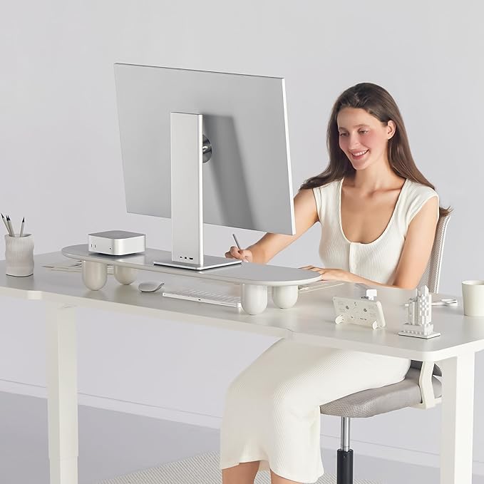 Fenge Monitor Stand Riser, 34 Inch Dual Monitor Riser for Large Monitors, Desk Organizer with Wooden Shelf & Solid Wood Legs, Computer Stand for Laptop, TV, PC, Printer, White-DeskLoop Office