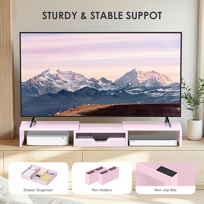Pink Desk Organizers and Accessories for Women, Dual Computer Monitor Stand Riser with Drawer and 2 Pen Holders, Office Desk Accessories, Workspace Desktop Organization for Office Supplies-DeskLoop Office