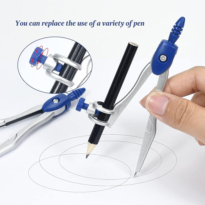 Math Geometry Kit Sets 10 Piece Student Supplies with Shatterproof Storage Box,Includes Rulers,Protractor,Compass,Eraser,Pencil Sharpener,Lead Refills,Pencil,for Drafting and Drawings(Navy blue)-DeskLoop Office