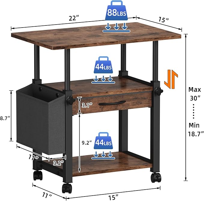 Large Printer Stand with Storage Drawer and Side Bag, 3-Tier Height Adjustable Table for Home Office, Fits Heat Press/Laser/3D Printer (Rustic Brown)-DeskLoop Office