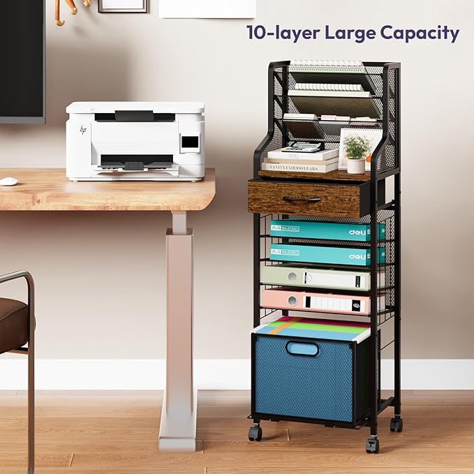 SWTYMIKI 10-Tier Rolling File Cart - Mesh Paper Organizer with Drawer and Hanging File Folders on Lockable Wheels, Wood Teacher Cart for Office Organization, Storage in Home, Studio, School, Espresso-DeskLoop Office