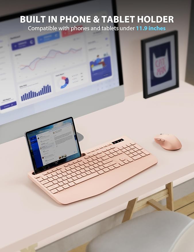 Trueque Wireless Keyboard and Mouse Combo - Full-Sized Ergonomic Keyboard with Wrist Rest, Phone Holder, Sleep Mode, Silent 2.4GHz Cordless Keyboards Mice Set for Computer, Laptop, PC, Windows (Pink)-DeskLoop Office