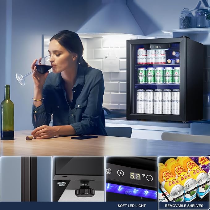 Antarctic Star Beverage Refrigerator Cooler-68 Can 16 Bottle Mini Fridge for Soda Beer Wine Champagne,Glass Door, Drink Dispenser, Knob Control,for Home and Bar,1.7Cu.Ft,Black-DeskLoop Office