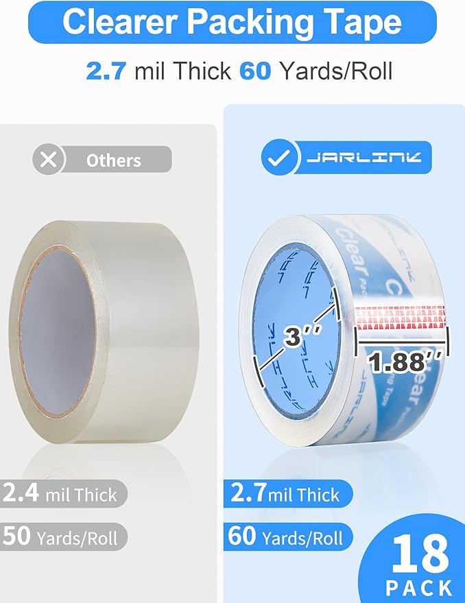 JARLINK Clearer Packing Tape 18 Rolls, Heavy Duty Packaging Tape for Shipping Packaging Moving Sealing, 2.7mil Thick, 1.88 inches Wide, 60 Yards Per Roll, 1080 Total Yards-DeskLoop Office