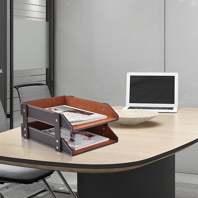 Leather Desk Organizer,2-Tier Stackable Letter Tray Holder,Office Supplies Desktop Storage Box for Document,Stationery,Magazines,Newspapers,Letters and Other Home Office Paper Sundries,Coffee-DeskLoop Office