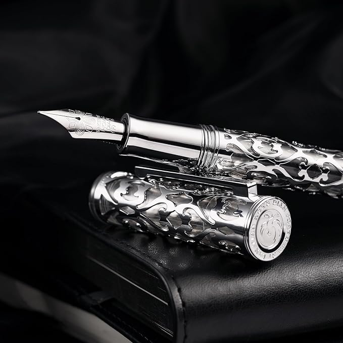 Hongdian D1 Piston Fountain Pen Fine Nib, Hollow Skeleton & Resin with Metal Case Set (Silver)-DeskLoop Office