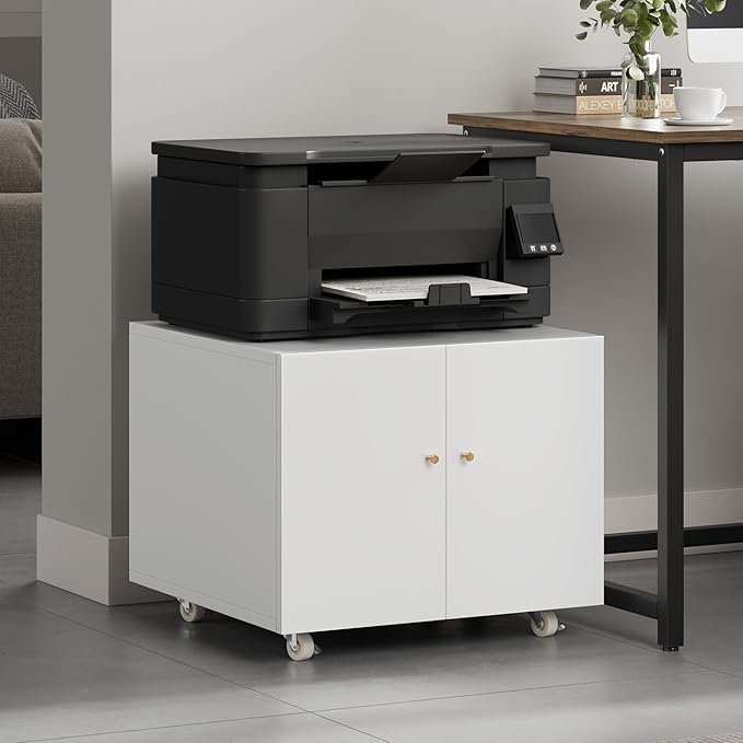 Warmiehomy Metal Printer Stand with Storage Mobile Printer Tables for Small Spaces with Door Adjustable Shelf White File Cabinet on Wheels for Home Office-DeskLoop Office