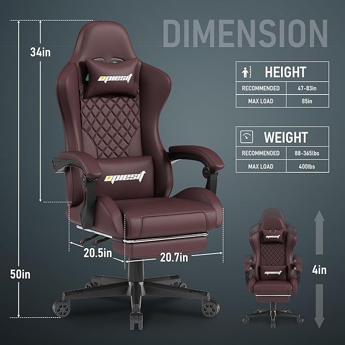 Gaming Chair,Ergonomic Computer Chairs for Adults with Footrest, PU Leather Office Chair with Adjustable Lumbar Support & Pocket Spring Cushion - Heavy Duty 400lb Capacity Gamer Chair (Brown)-DeskLoop Office