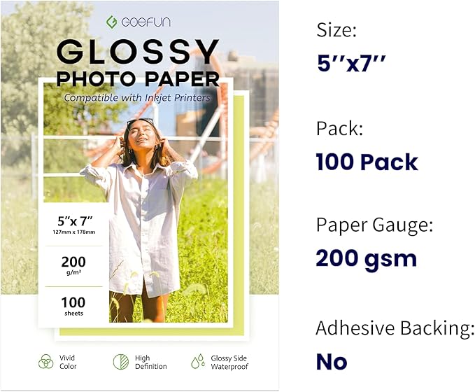 5x7 Photo Paper, Goefun 200GSM/54LB Glossy Inkjet Printer Paper for Dye Ink,100 Sheets-DeskLoop Office