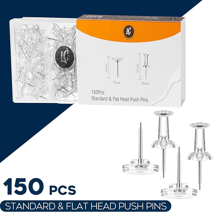 150 Pack Assorted Clear Push Pins by Luxurecourt for Bulletin Board, Wall Hanging, Cork Board, Shadow Box Display - Includes Flat Head Thumbtacks & Standard Pushpins in Plastic Resuable Storage Box.-DeskLoop Office