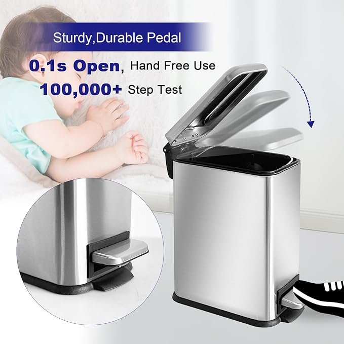 Bathroom Trash Can with Lid,5L/1.3 Gallon Trash Can with Removable Liner Bucket, Small Garbage can for Bathroom,Bedroom,Home Office,Silver-DeskLoop Office