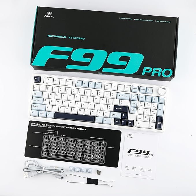 EPOMAKER X Aula F99 PRO Wireless Gaming Keyboard with 8000mAh Battery, Hot Swappable Creamy Keyboard, 2.4GHz/Type-C/BT5.0, NKRO, RGB Backlit for Win/Mac/Gaming (Blue&White)-DeskLoop Office