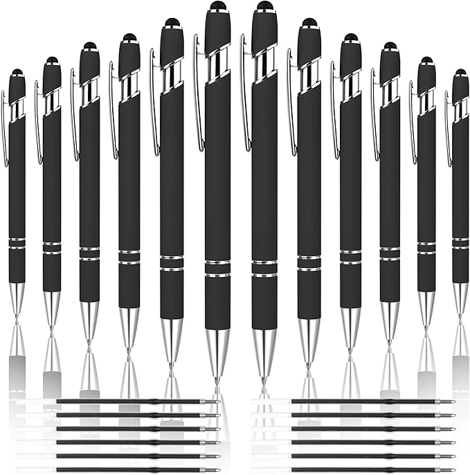 12 PCS 2 in 1 Stylus Ballpoint Pen with Stylus Tip, 1.0 mm Black Ink Metal Pen Stylus Pen for Touch Screens (Silver & Black)-DeskLoop Office