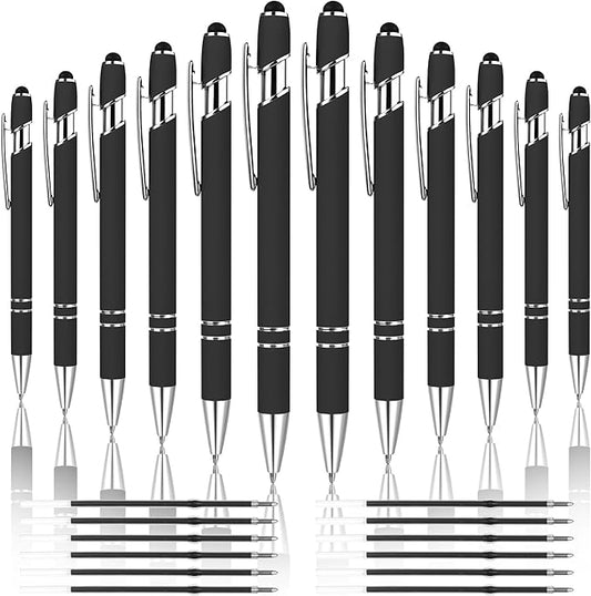 12 PCS 2 in 1 Stylus Ballpoint Pen with Stylus Tip, 1.0 mm Black Ink Metal Pen Stylus Pen for Touch Screens (Silver & Black)-DeskLoop Office