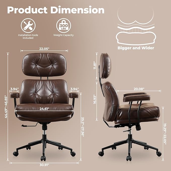 ovios Ergonomic Home Office Chair, Mid-Century Modern Faux Leather Chairs with Thickened Cushions, Comfy High Back Swivel Rolling Executive Computer Armchair (Dark Brown, PU Leather)-DeskLoop Office
