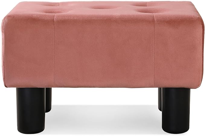 LUE BONA Small Foot Stool Ottoman, Velvet Tufted Footrest with Plastic Legs, 9''H, Rectangle Foot Stools for Adult with Non-Slip Pads, Footstool for Living Room,Couch, Pink-DeskLoop Office