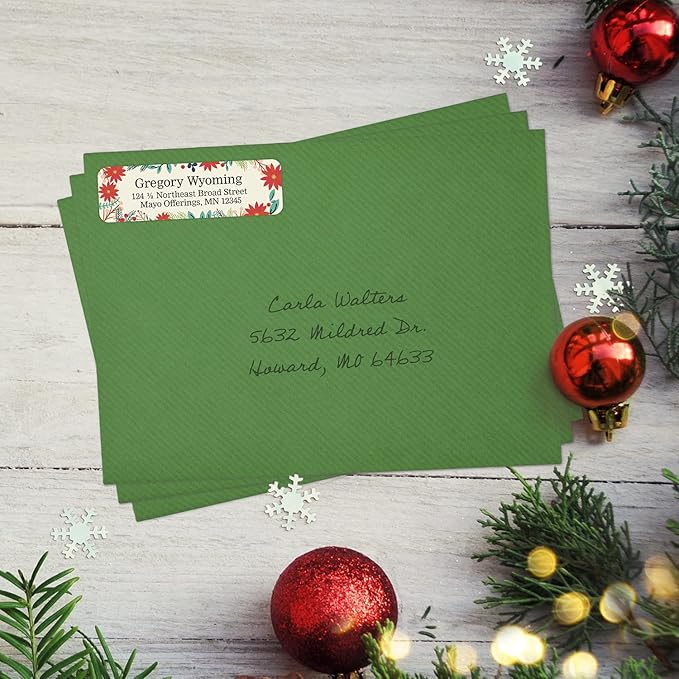 Ivory Holiday Floral Rolled Address Labels/Roll of 250 Personalized Return Address Labels/Designer Return Address Stickers in Elegant Plastic Dispenser-DeskLoop Office