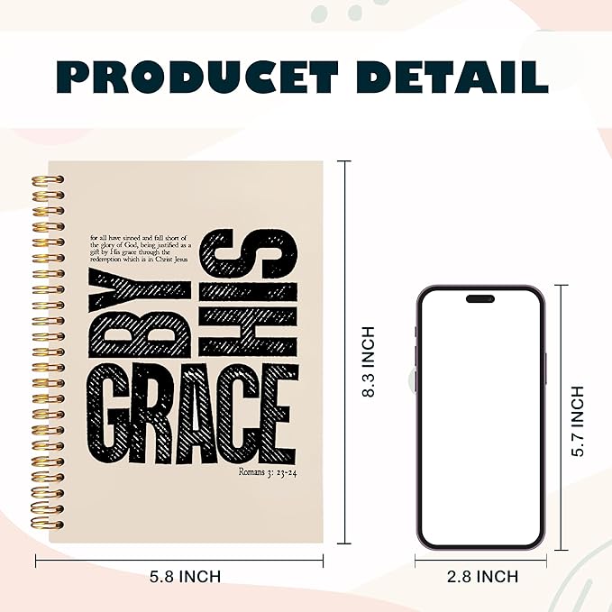 BearCake Christian Notebook Journal, Christian Gifts for Women, By His Grace Scripture Prayer Journal for Women, Bible Journaling Neutral Hardcover Spiral Notebook 5.5x8.3-DeskLoop Office