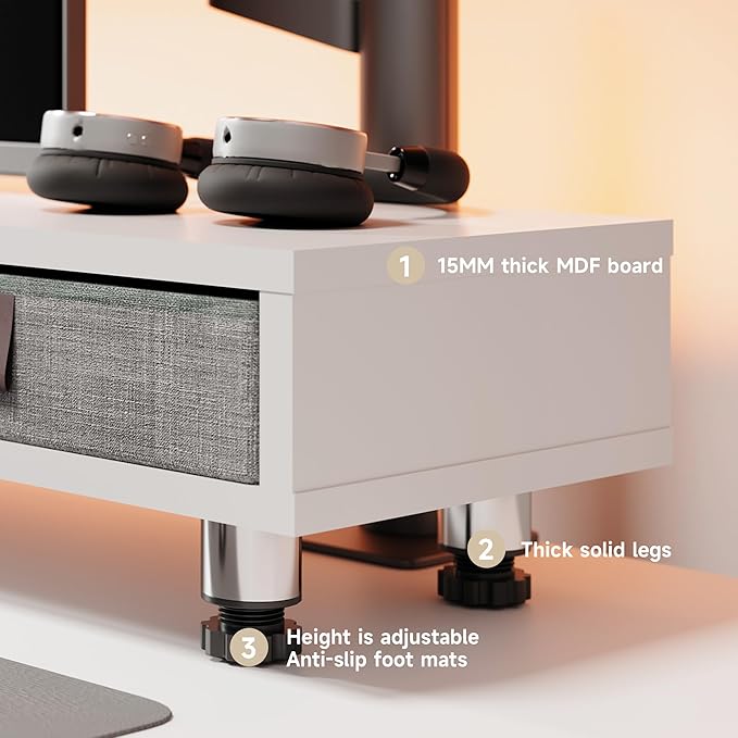 Fenge Dual Monitor Stand with 2 Drawers, 42.5 Inches Large Computer Riser for Desk, Adjustable Height Desk Shelf with Storage for Laptop, PC, TV, Printer-DeskLoop Office