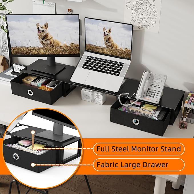 WESTREE Monitor Stand Riser with Adjustable Laptop Stand Riser, Steel Frame Dual Monitor Stand with Two Drawers for 2 Monitors, Desktop Oraganizer Stand for Computer,Laptop,Screen-DeskLoop Office