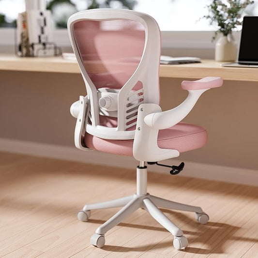 GYI Computer Desk Chair, Ergonomic Office Desk Chairs with Mesh Back, Adjustable Lumbar Support, Height, 3D Flip-up Arms, Wheels, Rocking Function (Pink)-DeskLoop Office