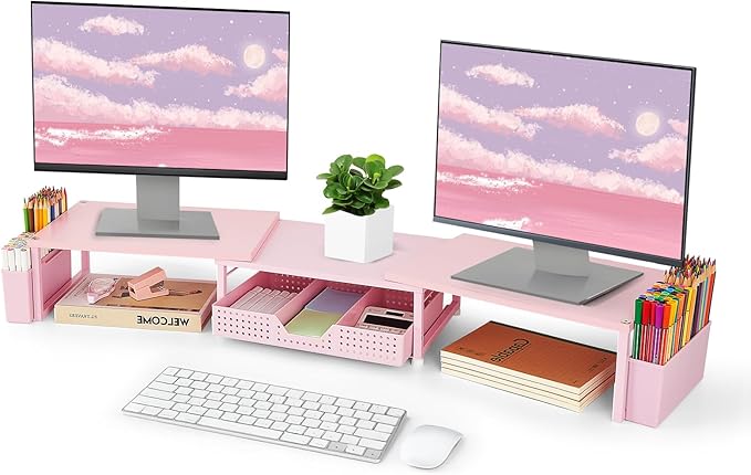 Desk Dual Monitor Stand Riser - Wood Desk Organizer with Drawer and Pen Holders, Office Desk Accessories & Workspace Organization, Computer Monitor Stand for Laptop Printer, Girl Pink-DeskLoop Office