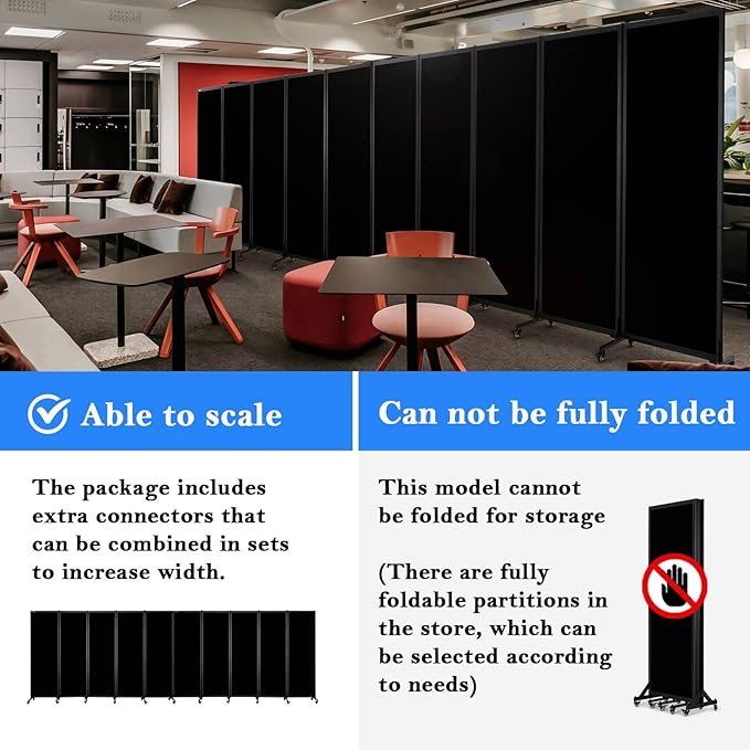 Upgrade Version Room Partition and Divider, Freestanding Rolling Dividers with Wheels,Office Privacy Screen Divider Wall,Classroom Felt Dividers,10'6"L* 6'7"H,5 Panel,Black-DeskLoop Office