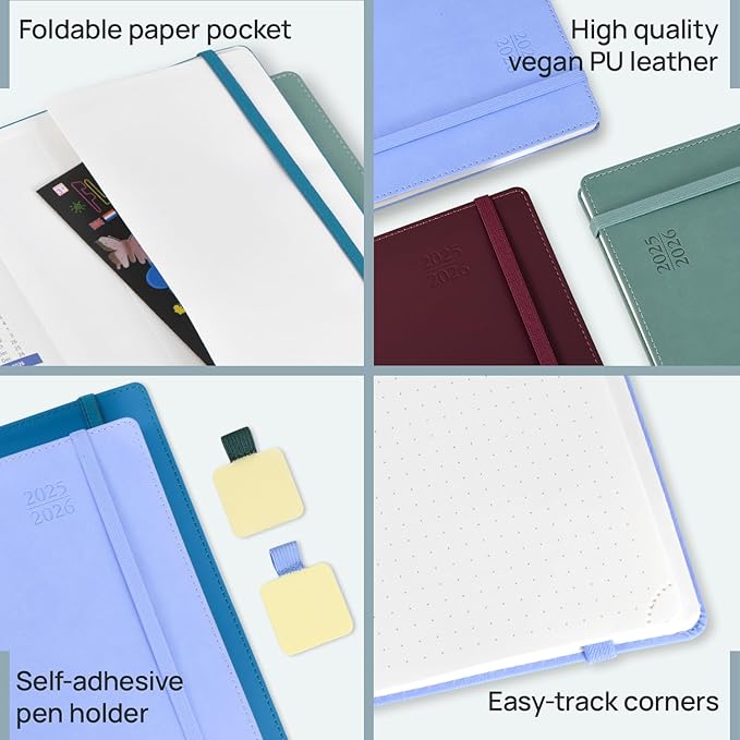 POPRUN Weekly Planner 2025-2026, 7.25'' x 8.5'', 15-Minute Hourly Appointment Book (July 2025-June 2026) with PU Leather Softcover, Monthly Tabs, Inner Pocket - Pacific Green-DeskLoop Office