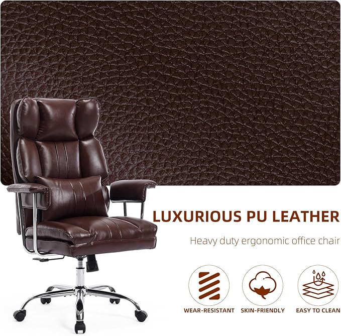 Big and Tall Office Chair 500lbs Wide Seat Executive Office Desk Chair High-Back Office Task Chair, Ergonomic Lumbar Support Computer Office Chairs for Heavy People(Brown)-DeskLoop Office