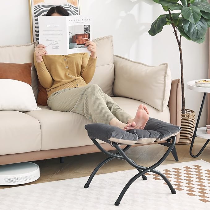 LITA Folding Upholstered Footrest Stool, Modern Small Portable Accent Ottoman with Detachable Thick Cotton Cushion Padded Sofa Stool with Metal Frame for Lazy Chair, Living Room & Bedroom, Smoky Grey-DeskLoop Office