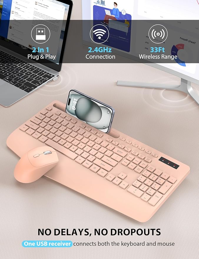 Trueque Wireless Keyboard and Mouse Combo - Full-Sized Ergonomic Keyboard with Wrist Rest, Phone Holder, Sleep Mode, Silent 2.4GHz Cordless Keyboards Mice Set for Computer, Laptop, PC, Windows (Pink)