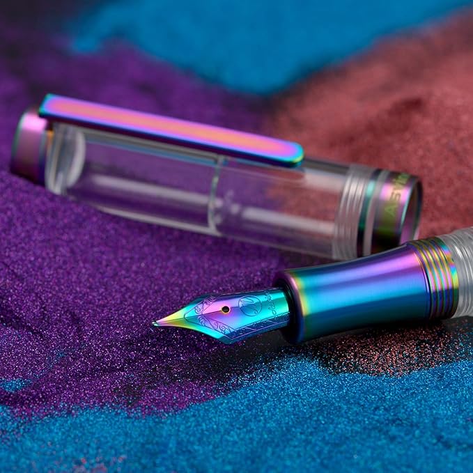 Asvine V200 Titanium Fountain Pen Vacuum Filling, Rainbow Bock Extra Fine Nib Clear Demonstrator Acrylic with Pen Case and Wrench-DeskLoop Office