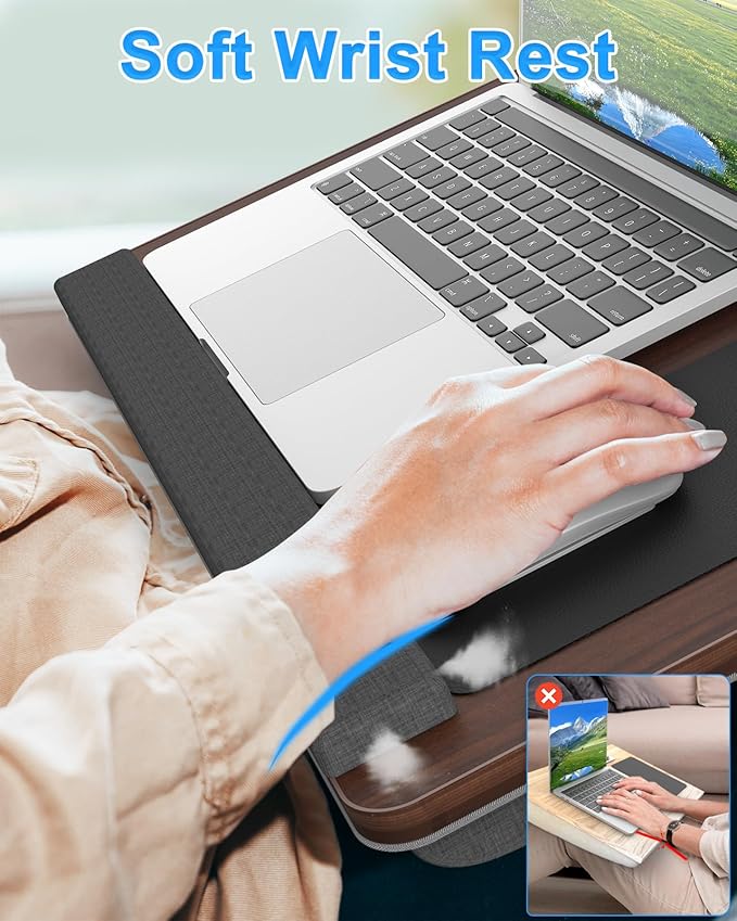 Laptop Lap Desk, Portable Large Laptop Desk for Bed, Up to 17 in Lap Table with Wrist Rest, Mouse Pad, Tablet Phone Slot, Portable Handle, Lap Tray with Cushion (Dark Brown)-DeskLoop Office