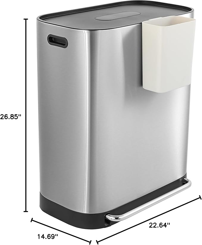 happimess HPM1014A Beni Kitchen 16-Gallon Double-Bucket Step-Open Trash Can with Soft-Close Lid, Modern, Minimalistic, Fingerprint Proof for Home, Kitchen, Laundry Room, Office, Bathroom, Chrome-DeskLoop Office