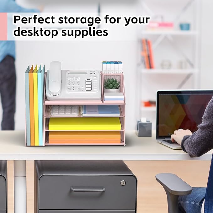 DocNest 4 Tier Paper Letter Tray File Organizer, Mesh Desk File with Handle, Workspace Desk Organizers with Pen Holder, Office Organization Storage Accessories - Pink-DeskLoop Office