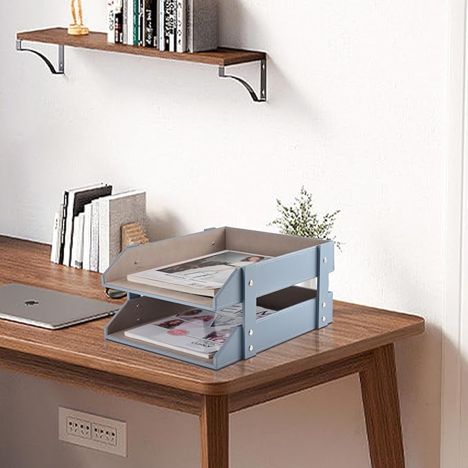 Leather Desk Letter Tray,Office Supplies Paper Organizer for Mail Paper Files Magazines Jewelry Cosmetics,Fashion Letter Holder& 2-Tier Multipurpos Stackable Office Desktop Storage Box,Grey-DeskLoop Office