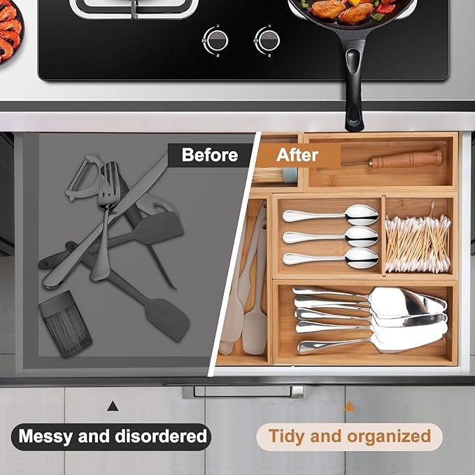 Bamboo Drawer Organizer 5 Pcs for Kitchen Multi-purpose Storage Dividers for Kitchen, Office, Jewelry, Cosmetics, Wooden Drawer Dividers for Drawer Organizer Desk Organizer Gift for Women Gifts Idea-DeskLoop Office