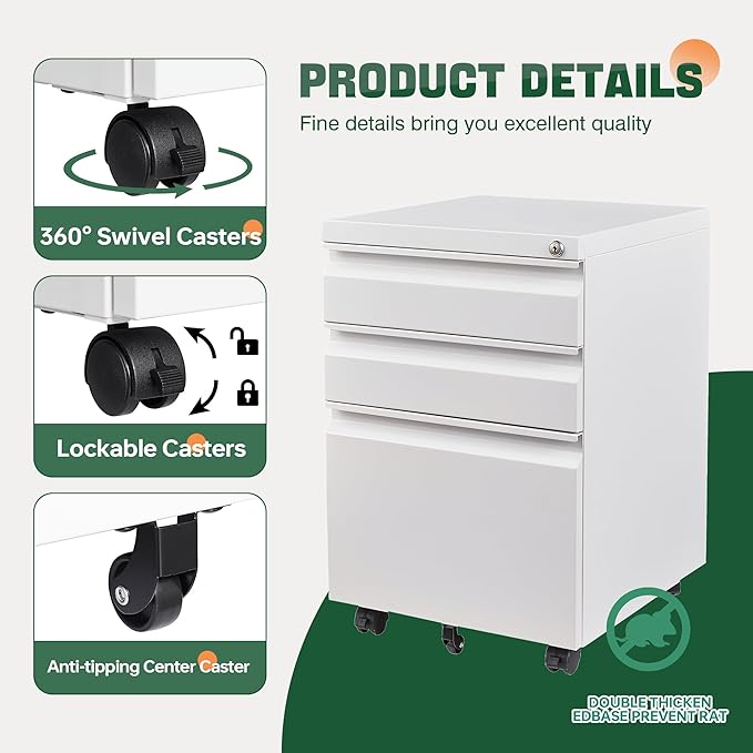 Letaya 3 Drawer Mobile File Cabinet with Lock, Under Desk Metal Filing Cabinets for Home Office Organizer Letters/Legal/A4(Fully Assembled-White)-DeskLoop Office